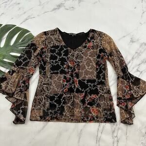 Jessica Max Womens VIntage Y2k Bell Sleeve Top Size M Brown Floral Mesh